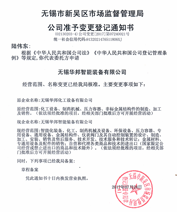 無(wú)錫華邦化工設(shè)備有限公司變更通知！
